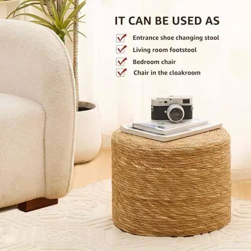 Miniatura 5 de Wimarsbon Puf redondo otomano, reposapiés tejido a mano natural, puf rústico de salón, taburete bohemio Pous, mesa decorativa o asiento