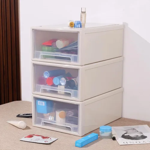 Miniatura 6 de Paquete de 3 cajones de almacenamiento apilables, organizadores de maquillaje de baño de 6.6 pulgadas de alto, cajones de plástico de 18 cuartos