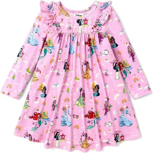 Disney Vestido de princesa Frozen Elsa Minnie Stitch floral para niña pequeña, línea A, manga larga, ropa casual de otoño para niños de 2 a 6 años