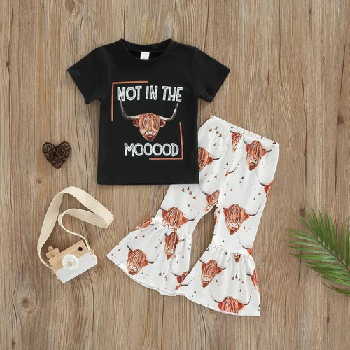 Miniatura 9 de fhutpw Conjunto de camiseta de manga corta con estampado de vaca y pantalones acampanados de dibujos animados para niñas