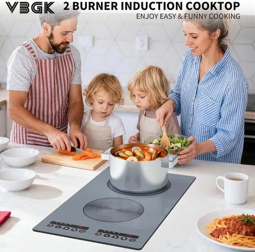 Miniatura 2 de VBGK Placa de cocción de inducción, placa caliente de doble quemador de 110 V 2300 W con control táctil LED, 9 niveles de potencia, bloqueo