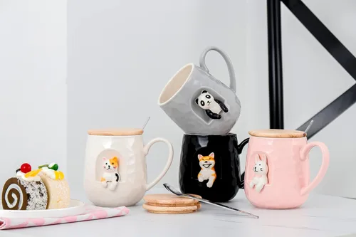 Miniatura 2 de Taza de café de cerámica, diseño novedoso 3D de gato y perro con tapa y cuchara a juego, taza hecha a mano de dibujos animados para té, leche y jugo