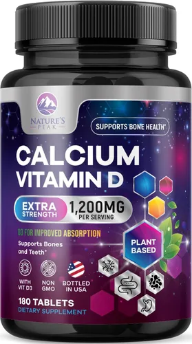 Calcio 1200 mg por porción con vitamina D3 – Suplemento de salud ósea, vitamina D y suplementos de calcio para mujeres y hombres – hueso, dientes y