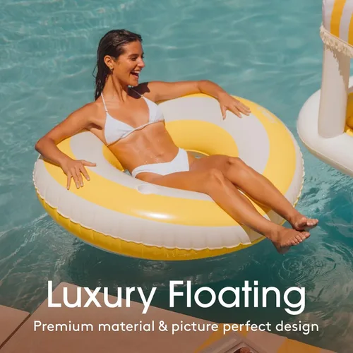 Miniatura 2 de FUNBOY - Flotador tubular inflable de piscina de gran tamaño, con diseño de cabaña en color amarillo a rayas, de 50 pulgadas de diámetro Cabaña