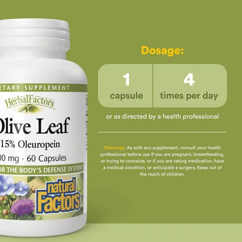 Miniatura 3 de HerbalFactors by Natural Factors, Hoja de Olivo 500 mg, Fórmula Natural de Bienestar, 60 Cápsulas