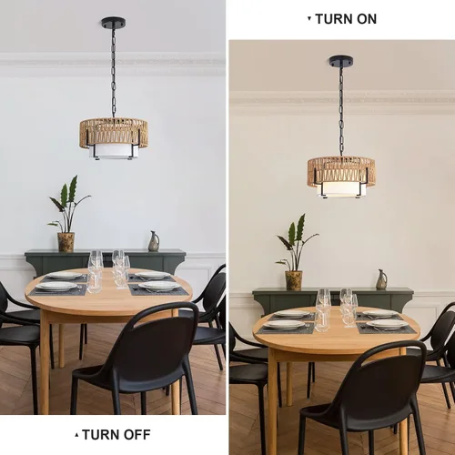 Miniatura 4 de Lámpara Colgante de Ratán, Candelabro Boho de 12.6" con Pantalla de Tela, Lámpara Colgante Estilo Granja Candelabro para Comedor, Sala de Estar