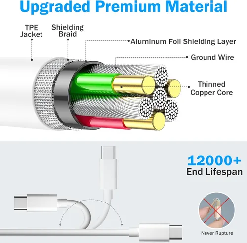 Miniatura 3 de Paquete de 2 cables tipo C a tipo C de 10 pies, USB C a USB C, cable USB C de 60 W, cable de carga rápida compatible con Apple iPhone 15/15 Pro/15