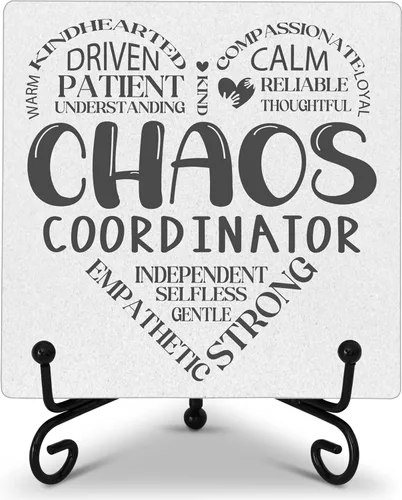 Chaos Coordinator - Decoración de escritorio de oficina en casa, letrero de placa de madera con soporte de hierro, regalos de agradecimiento para