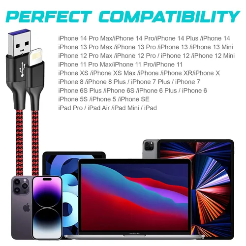 Miniatura 7 de Paquete de 3 cables de carga para iPhone de 6 pies con certificación MFi, trenzados, de carga rápida, duraderos y curvados de 25 K+ para iPhone