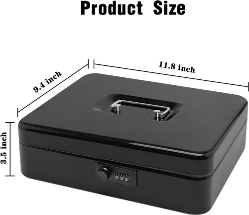 Miniatura 2 de Caja de efectivo de acero seguro con cerradura de combinación y bandeja extraíble, organizador de dinero de metal para uso doméstico y oficina Negro