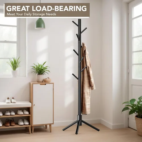 Miniatura 2 de Hupmad Perchero de árbol de madera, perchero resistente independiente con 8 ganchos, 3 alturas ajustables para niños y adultos, perchero de madera