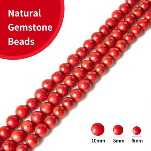 Miniatura 4 de 35 cuentas de piedra natural de 10 mm de turquesa roja, cuentas redondas sueltas para hacer joyas Rojo turquesa