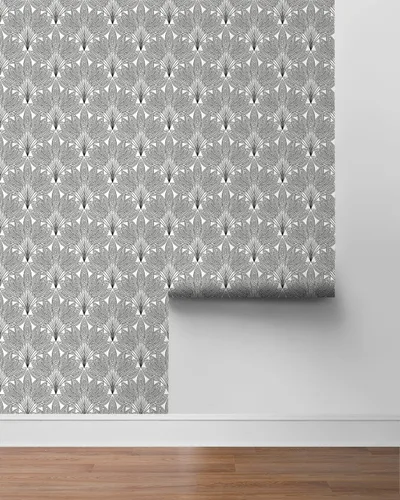 Miniatura 8 de NextWall Papel tapiz autoadhesivo de hojas de pavo real de mediados de siglo (ébano)
