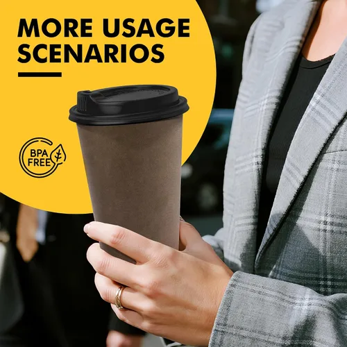 Miniatura 6 de RACETOP Tazas de café desechables de 16 onzas con tapas, paquete de 100 tazas de café de papel de color café con tapas, taza para llevar con tapa