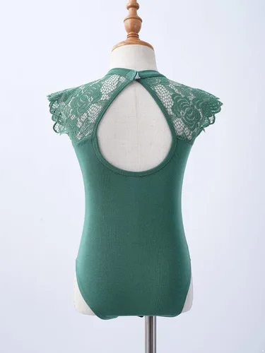Miniatura 5 de Leotardo de algodón de una pieza para niñas, de encaje, con volantes, manga con volantes, para gimnasia, ballet y danza, verde ( Bean Green )