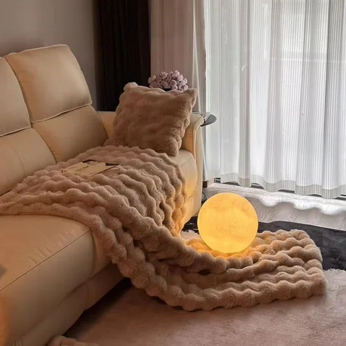 Miniatura 7 de Manta de pelo sintético de felpa de conejo, gruesa y cálida para todas las estaciones, manta peluda suave y mullida para sofá, cama, decorativa Beige