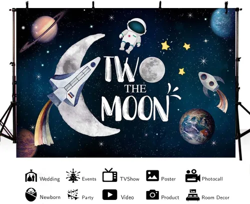 Miniatura 7 de AIBIIN 7x5ft Two the Moon Bckdrop Espacio Exterior Boy 2º cumpleaños Fotografía Fondo Universo Galaxia Cielo Planeta Estrellas Decoraciones