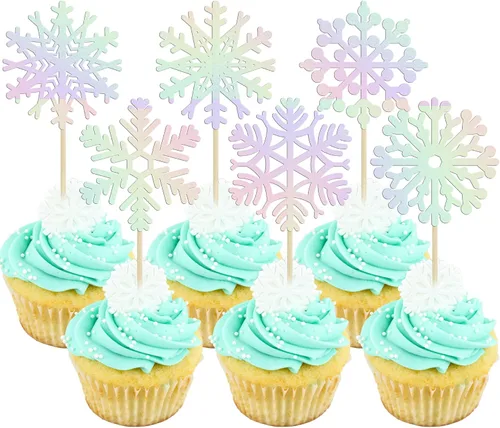Miniatura 17 de 24 piezas de adornos para cupcakes de copo de nieve, copo de nieve azul con purpurina, adornos para cupcakes de invierno, adornos para pasteles