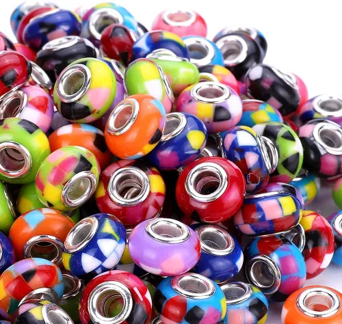 Miniatura 12 de 100 Piezas Cuentas Espaciadoras Europeas de Agujero Grande de 0.551 pulgadas, Mezcla de Colores con Núcleos de Latón Plateado Surtidos Cuentas