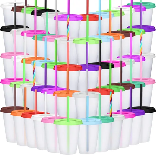 Miniatura 12 de Sieral Paquete de 60 vasos con tapas y pajillas, vasos para niños con pajilla, botella de agua reutilizable, taza de viaje para café helado, vasos