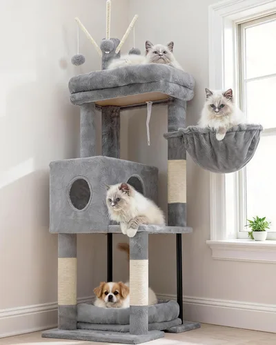 Miniatura 10 de Heybly Árbol de Gato con Cepillo Auto-Limpieza, Torre de Gato para Interior con Nido Acolchado, Casa de Gato con Cesta, Tabla de Rascar y Poste