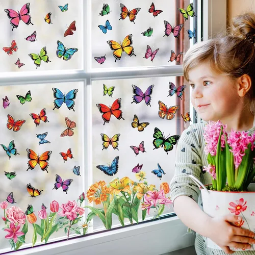 Miniatura 2 de Whaline 9 hojas de primavera de mariposa para ventana, decoración de ventanas de flora de mariposa colorida de verano, calcomanías reutilizables