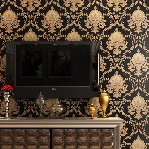 Miniatura 2 de QIHANG - Rollo de papel pintado en relieve profundo de damasco negro clásico europeo para sala de estar, hotel, TV, telón de fondo de 1.7 ft x 32.8