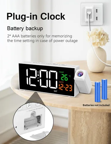 Miniatura 7 de Netzu Reloj de proyección para techo de dormitorio, despertadores con proyector giratorio de 180°, temperatura de fecha y día de la semana, DST