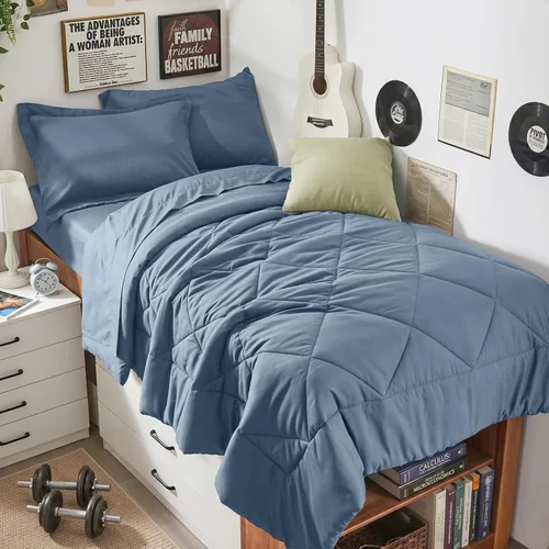 Miniatura 89 de HEVUMYI - Juego de edredón King de 7 piezas para todas las estaciones, cama en una bolsa, ultra suave, juego de cama con edredón, sábana plana, Azul