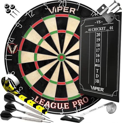Viper League Pro - Juego inicial de diana de dardos de cerdas reglamentaria con puntas de acero con diana sin grapas, alambre de araña radial, sisal