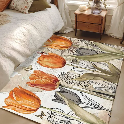 Miniatura 11 de 2x3 Area Rugs, Orange Flower Non Slip Area Rugs for Living Room, Bedroom, Barhroom, Entryway, Watercolor Retro Tulip Floral Butterfly Soft Kitchen