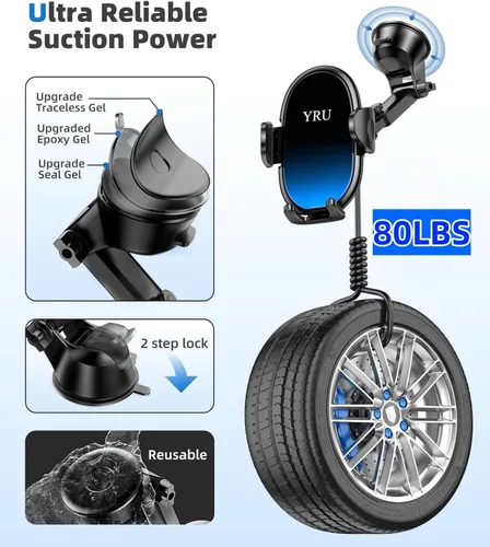 Miniatura 3 de YRU Soporte universal mejorado para teléfono para automóvil, giratorio en 360°, fuerte succión, soporte de ventilación para iPhone 17 16 Pro Max