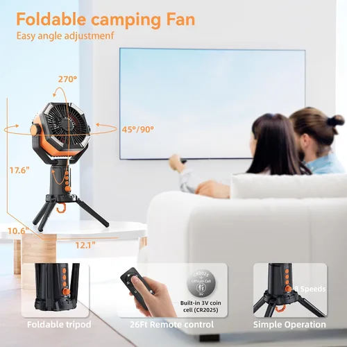 Miniatura 4 de MORIKO Trípode de ventiladores de mesa, 20000 mAh, recargable, funciona con pilas, ventilador portátil para tienda de campaña con linterna LED