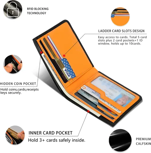 Miniatura 2 de Billeteras delgadas de piel de becerro para hombres con bloqueo RFID, bolsillo frontal de cuero, billetera minimalista plegable de fácil acceso
