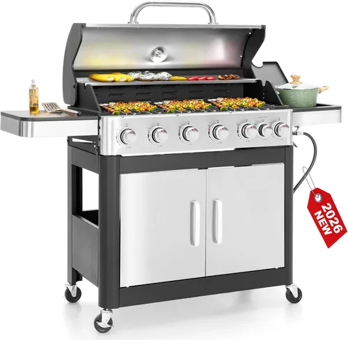 Miniatura 10 de GREEN PARTY - Parrilla de gas para barbacoa de 4 quemadores con propano, quemador lateral y rejillas de hierro fundido esmaltadas en porcelana, área