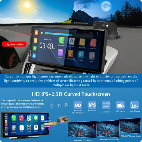 Miniatura 5 de Carpuride W903 Carplay inalámbrico y Android Auto con cámara de salpicadero, pantalla táctil HD IPS de 9.3 pulgadas para automóvil, cámara frontal
