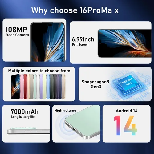 Miniatura 7 de OEJBK 16PROMA X Smartphone Nueva Actualización 16GB+512GB/Pantalla de 17,75 cm 68+108MP Cámara con Zoom, Acabado de Vidrio Templado, 7000mAh Android
