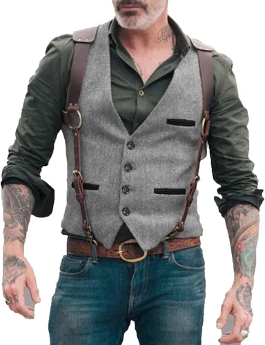 BYLUNTA Chalecos de tweed para hombre de caza Chalecos de espiga Ropa de trabajo vintage de lana de boda (excluyendo correas de cuero)
