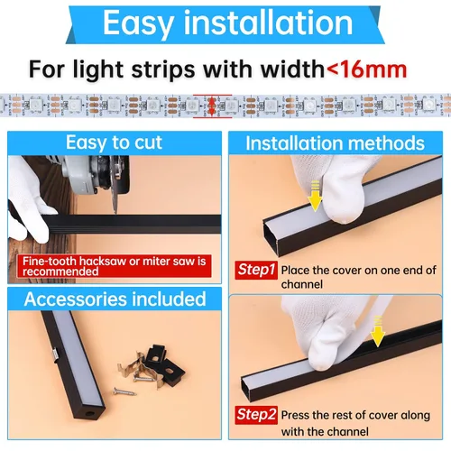 Miniatura 5 de Muzata Paquete de 10 unidades de 6.6 pies/6.6 ft con sistema de canal LED negro en forma de U con cubierta de difusor blanco lechoso esmerilado