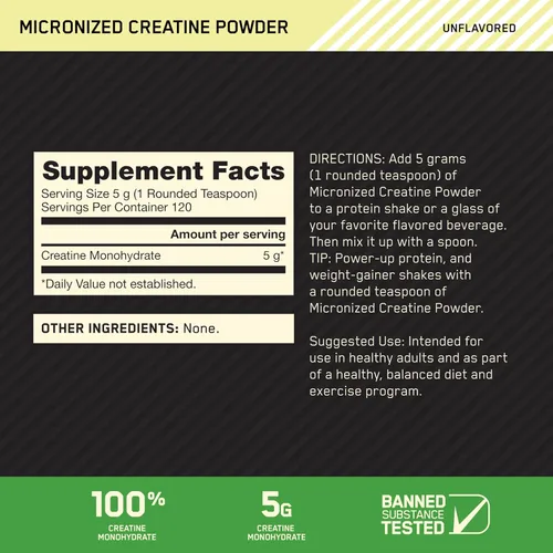 Miniatura 2 de Optimum Nutrition Creatina Micronizada Monohidrato en Polvo, Sin Sabor, 120 Porciones, 600 Gramos (El Embalaje Puede Variar)
