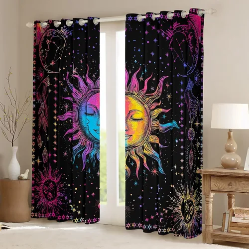 Miniatura 2 de Cortinas opacas con diseño de galaxia psicodélica, estilo bohemio, sol, luna, arcoíris, teñido anudado, 84 pulgadas de ancho x 63 pulgadas de largo