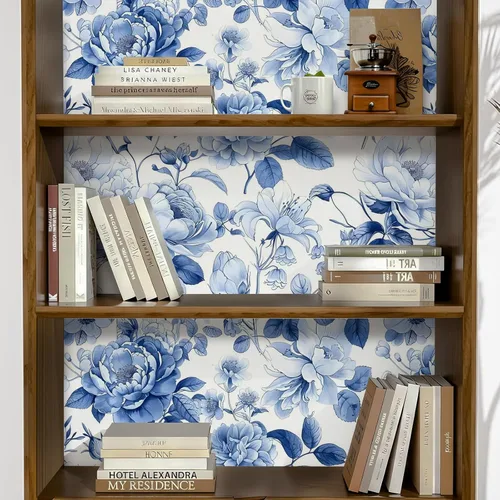 Miniatura 3 de Papel tapiz azul vintage elegante floral autoadhesivo para despegar y pegar, papel de contacto con hojas de peonía botánicas de acuarela blanca