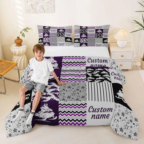 Miniatura 57 de Juego de edredón de softbol personalizado, juego de ropa de cama de retazos a cuadros para niños y niños, edredón de bate de béisbol, juego