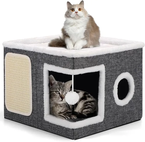 Miniatura 19 de Casa de Gato de 2 Pisos para Gatos de Interior, Separable en 2 Grandes Camas de Gato Cueva con Condominios Escondidos, Almohadillas para Rascar