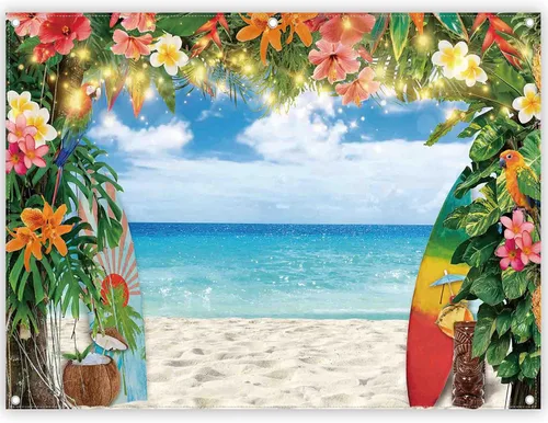 Miniatura 8 de Telón de fondo de fotografía de playa hawaiana de verano de 7 x 5 pies, flores tropicales, hojas de palma, fondo de tabla de surf, decoración