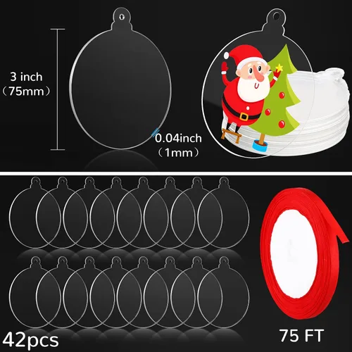 Miniatura 4 de Blulu 42 piezas de adornos acrílicos en blanco, adornos redondos transparentes, guirnalda plana de Navidad, adorno colgante con agujero y cinta