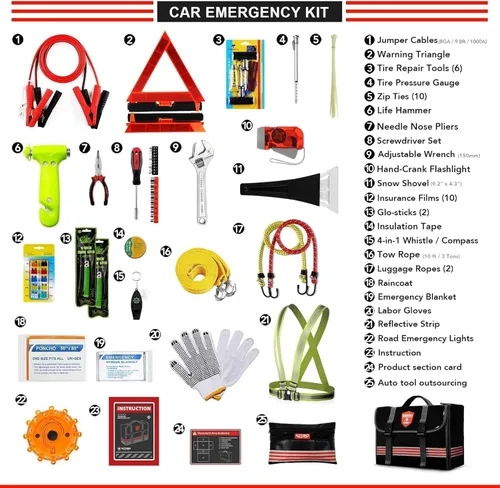 Miniatura 3 de Kit de emergencia para automóvil (126 piezas), regalo para padre, mujer, amigo, esencial de asistencia en carretera de primera calidad con cables