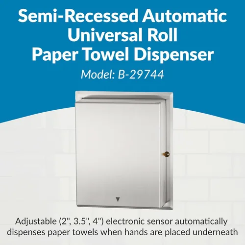 Miniatura 2 de Bobrick Dispensador automático de toallas de papel, semiempotrado, acero inoxidable con acabado satinado, sensor ajustable, luz de guía LED