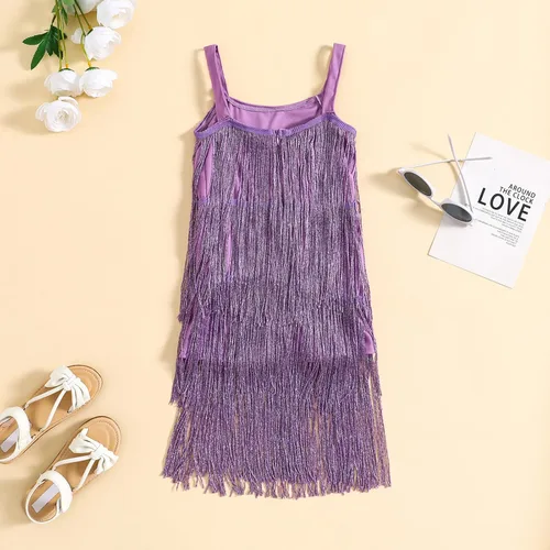 Miniatura 7 de WALLARENEAR Vestido de lentejuelas para niños, vestido sin mangas con borlas brillantes, vestido de baile latino para fiesta, vestido de baile