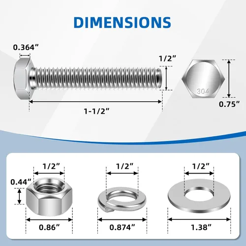 Miniatura 2 de Mellewell Pernos de cabeza hexagonal de 1/2-13 x 1-1/2 pulgadas con tuercas hexagonales y arandelas planas gruesas y de seguridad, totalmente